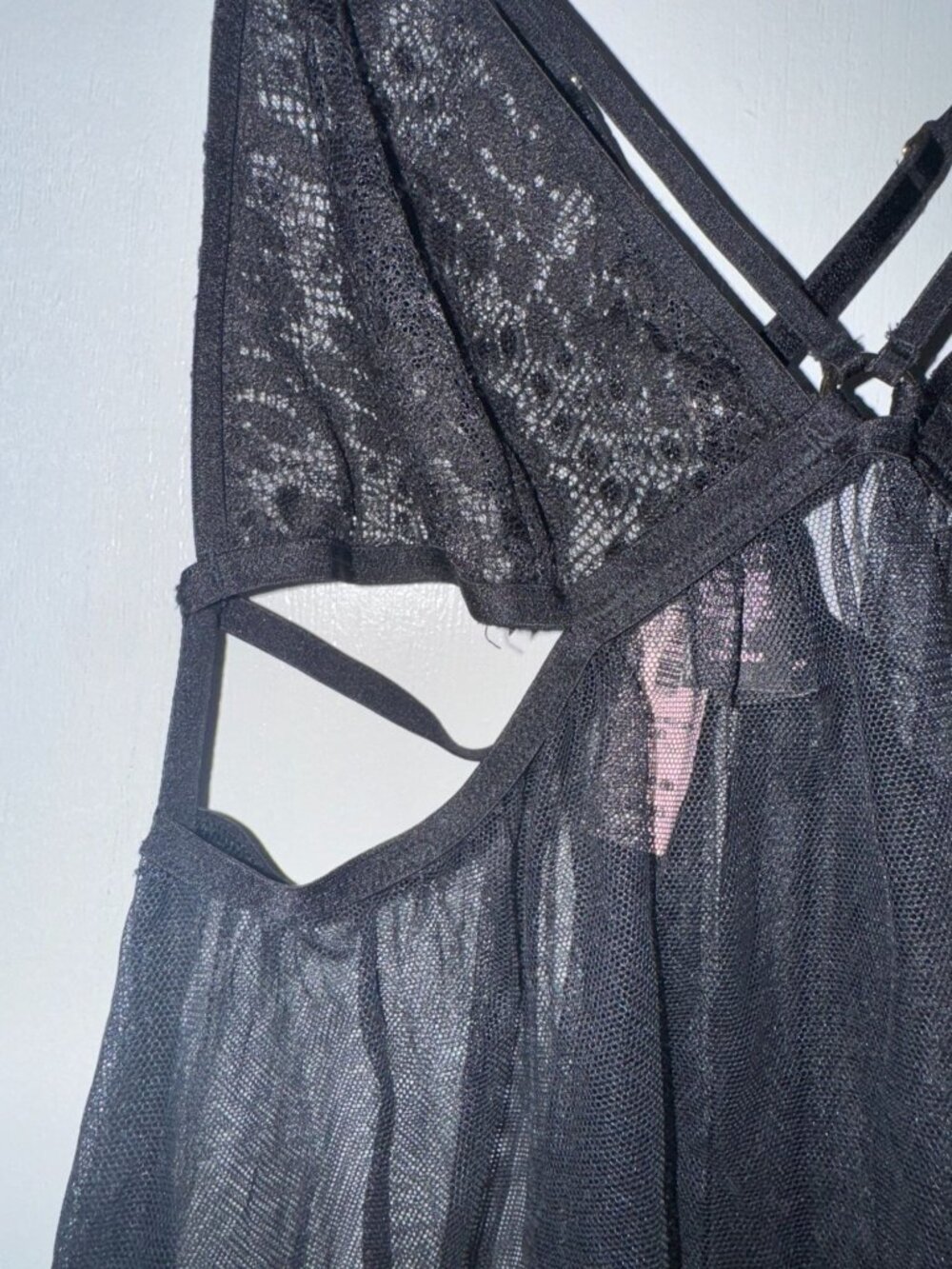 Victorias Secret Black Sheer Mesh Lace Lingerie Babydoll Dress With Strappy Deta - Picture 5 of 11